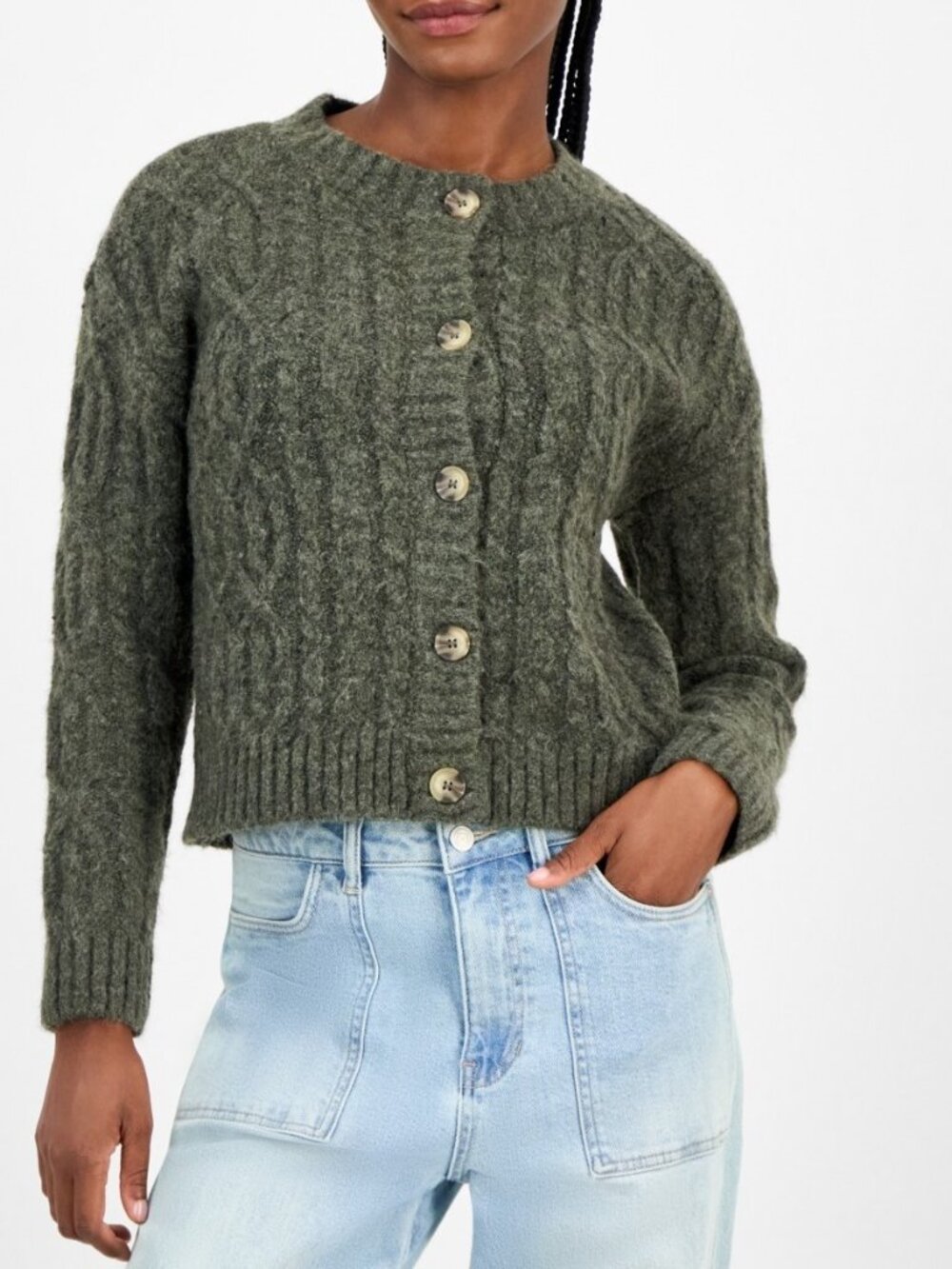 And Now This Women's Flecked Cable-Knit Cropped Cardigan XL Military Heather